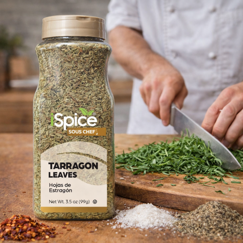 Spice jar labeled 'Tarragon Leaves' with a person chopping herbs on a wooden board.