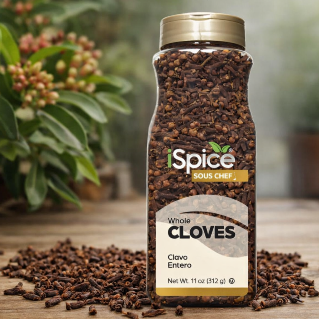 Spice bottle labeled 'Sous Chef' with whole cloves on a wooden surface and blurred greenery in the background