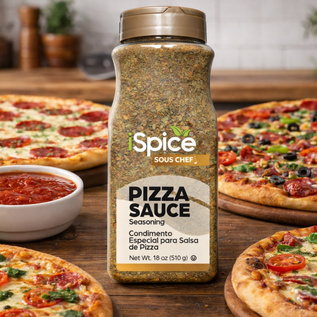 iSpice Sous Chef Pizza Sauce seasoning bottle with pizzas and sauce in the background