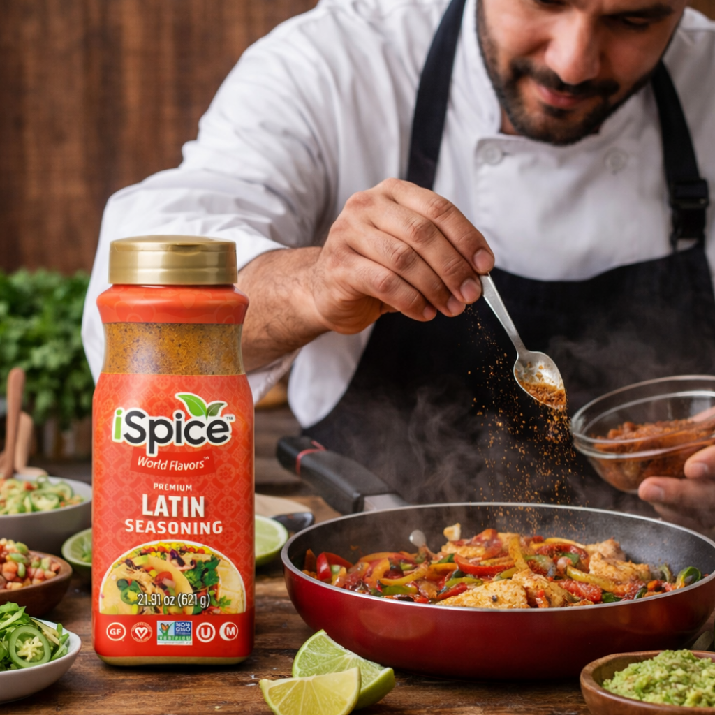 Person cooking with I Spice Latin seasoning on a wooden table