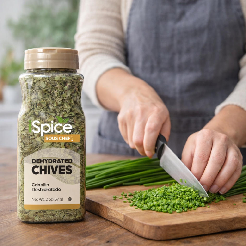 Person chopping fresh chives next to a jar of Spice Sou Chef dehydrated chives on a wooden cutting board.