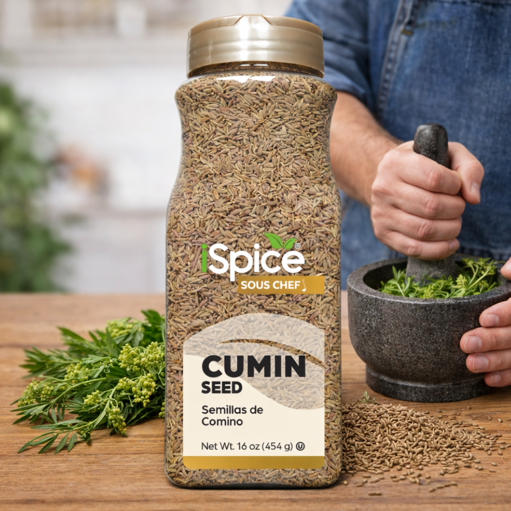 Spice jar labeled 'Cumin Seed' with a person using a mortar and pestle in the background.