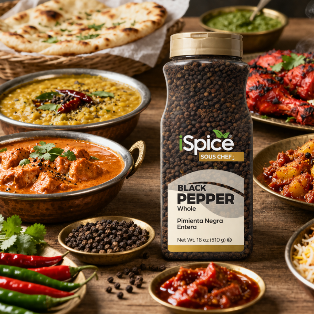 iSpice black pepper jar on a wooden table with various dishes and ingredients