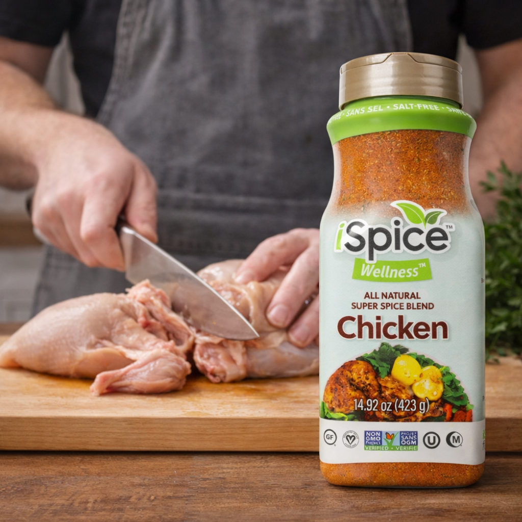 Person cutting chicken on a wooden board with a bottle of Spice Wellness Chicken spice blend in the foreground.