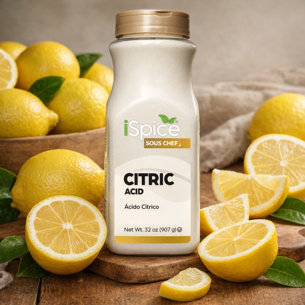 Bottle of iSpice Citric Acid surrounded by lemons on a wooden surface