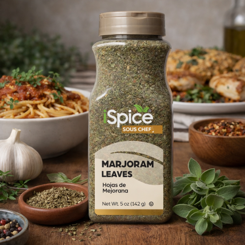 Spice jar labeled 'Sous Chef' with marjoram leaves on a wooden table with food in the background
