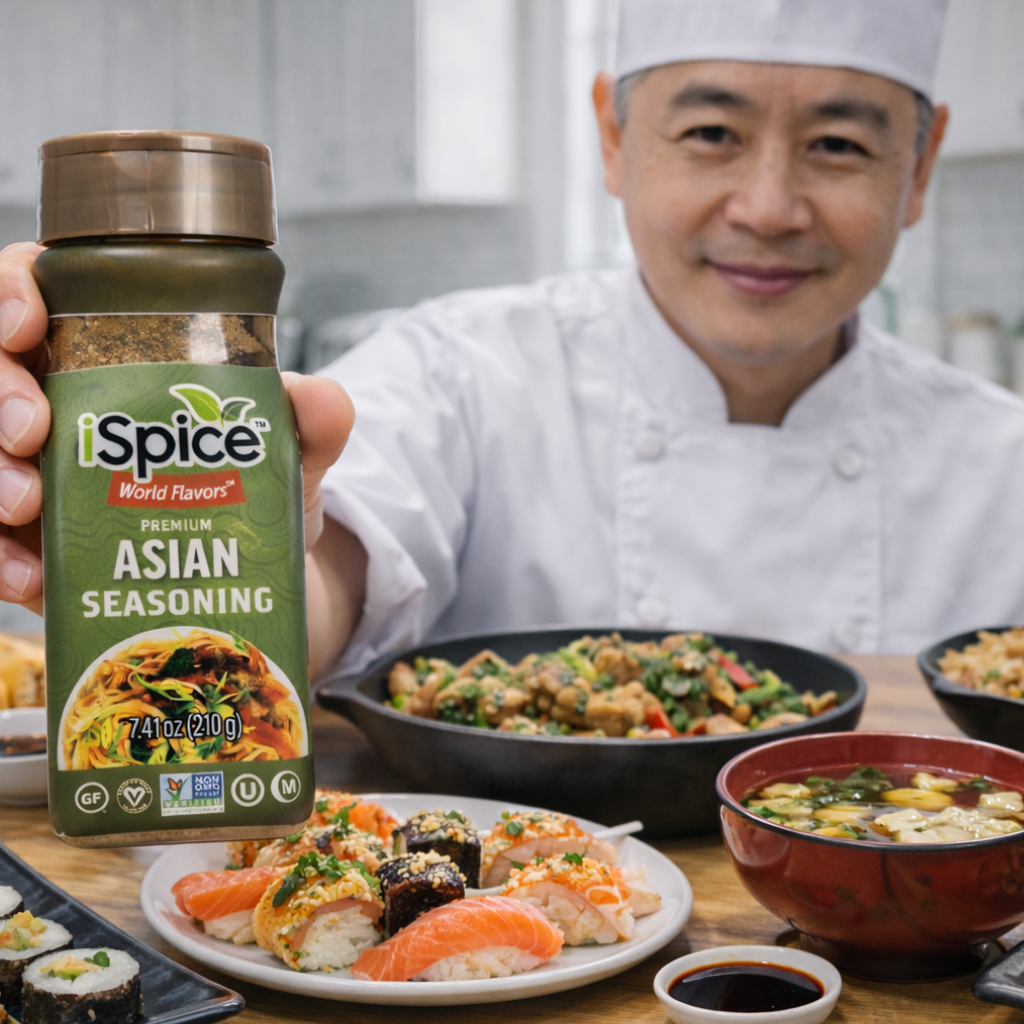 Person holding a bottle of 'iSpice' Asian seasoning with a variety of Asian dishes in the background.