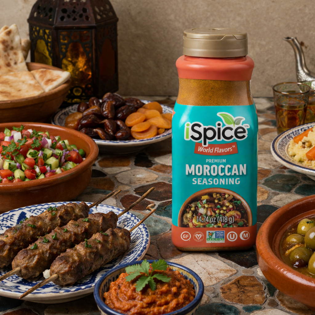 iSpice World Flavors Moroccan seasoning mixed spice halal kosher non GMO bottle close up