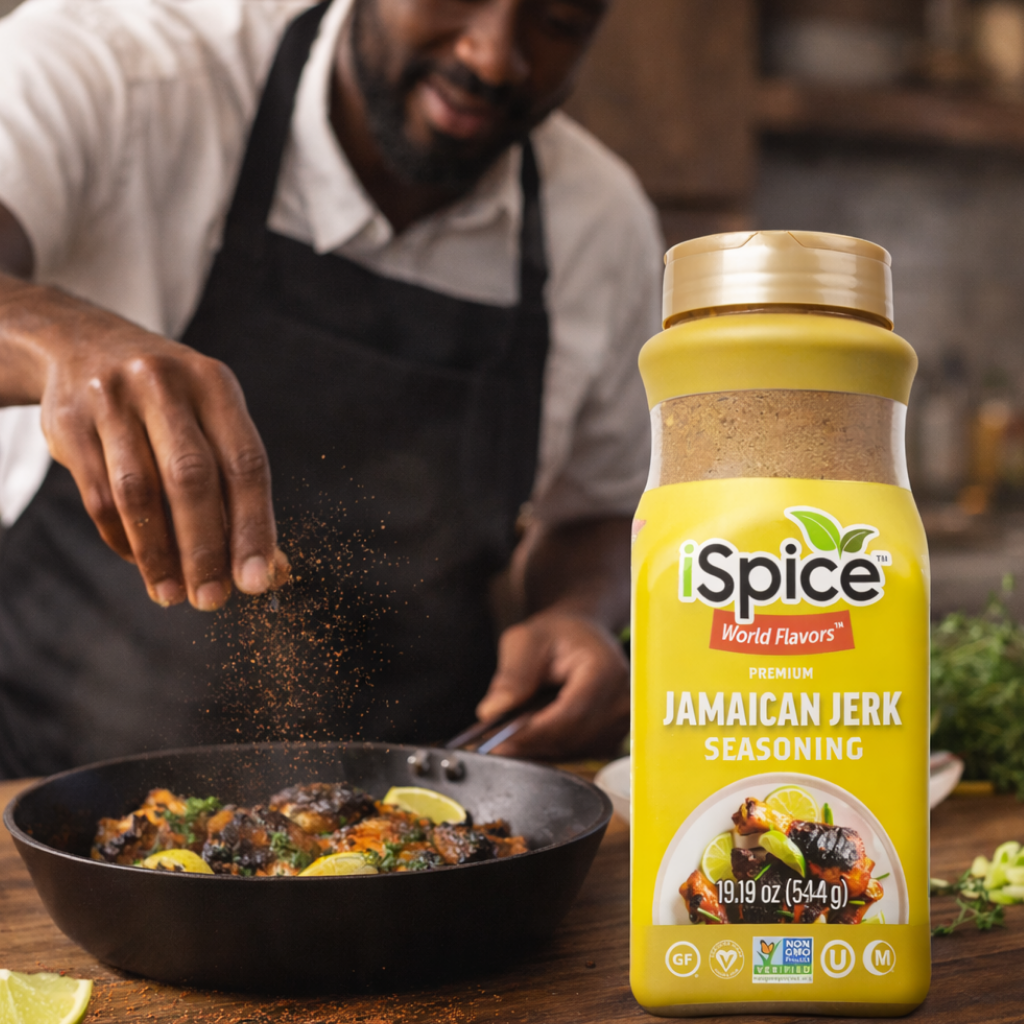 Person cooking with a bottle of I Spice Jamaican Jerk Seasoning in the foreground.