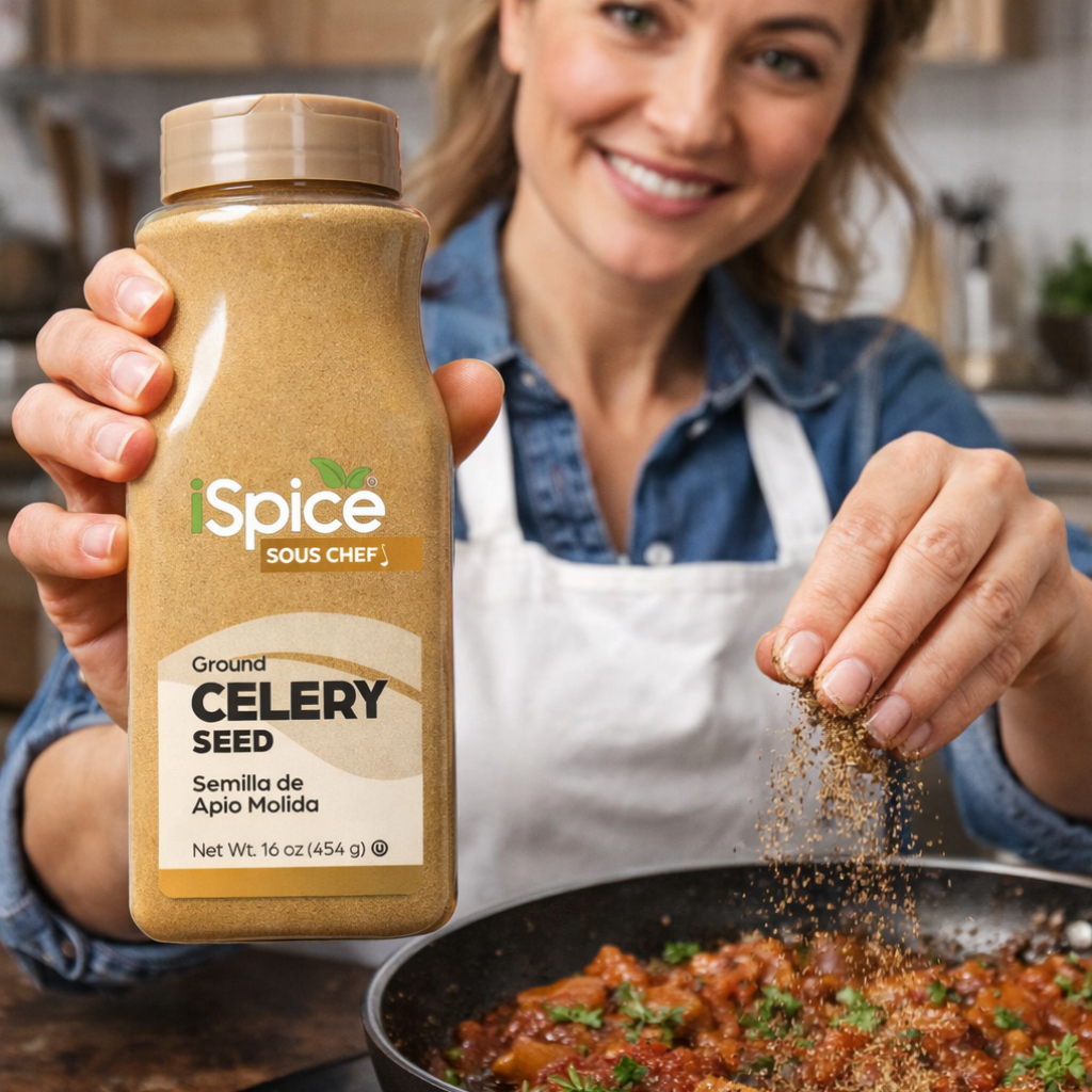 Woman in a kitchen holding a container of 'iSpice' celery seed, sprinkling it into a dish.