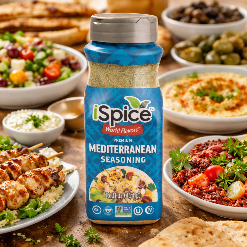 iSpice Mediterranean seasoning bottle with various dishes in the background