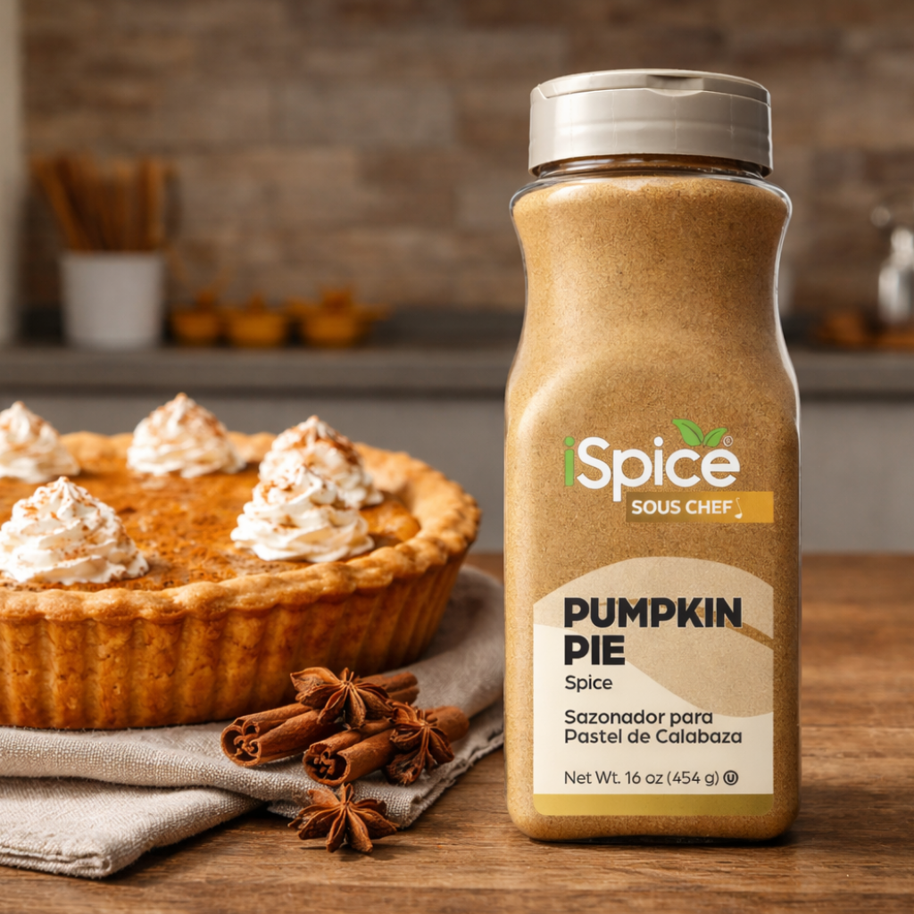 Bottle of 'iSpice Sous Chef' Pumpkin Pie spice with a pumpkin pie and cinnamon sticks on a wooden surface.