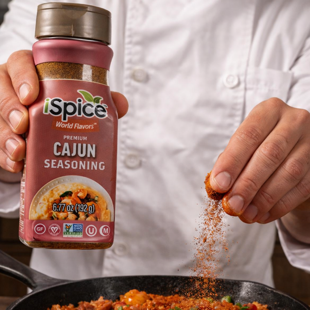Person seasoning food with iSpice Cajun seasoning