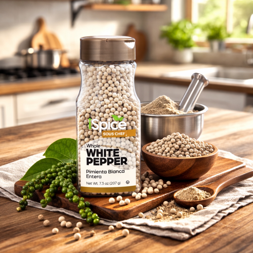Spice bottle labeled 'White Pepper' on a kitchen counter with ingredients and tools.