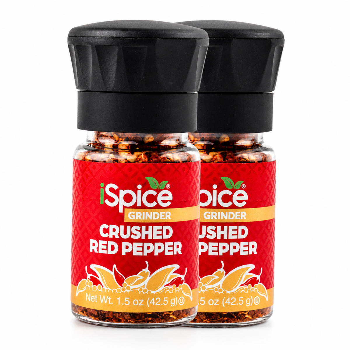 Two bottles of iSpice Grinder Crushed Red Pepper shown on a white background, with the front bottle fully visible and the second bottle partially behind it.