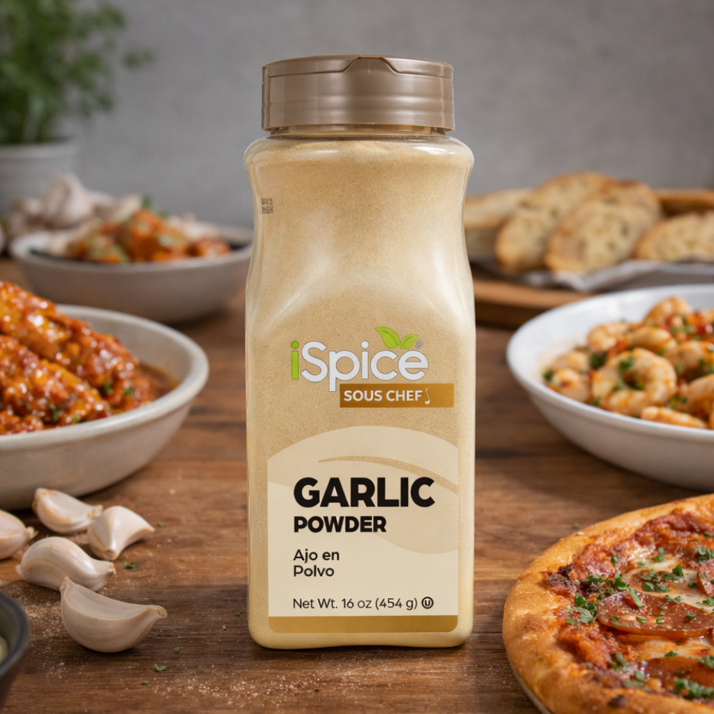 Spice Sous Chef Garlic Powder bottle on a wooden table with food in the background