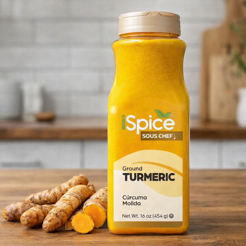 Bottle of iSpice Ground Turmeric on a wooden surface with turmeric roots.