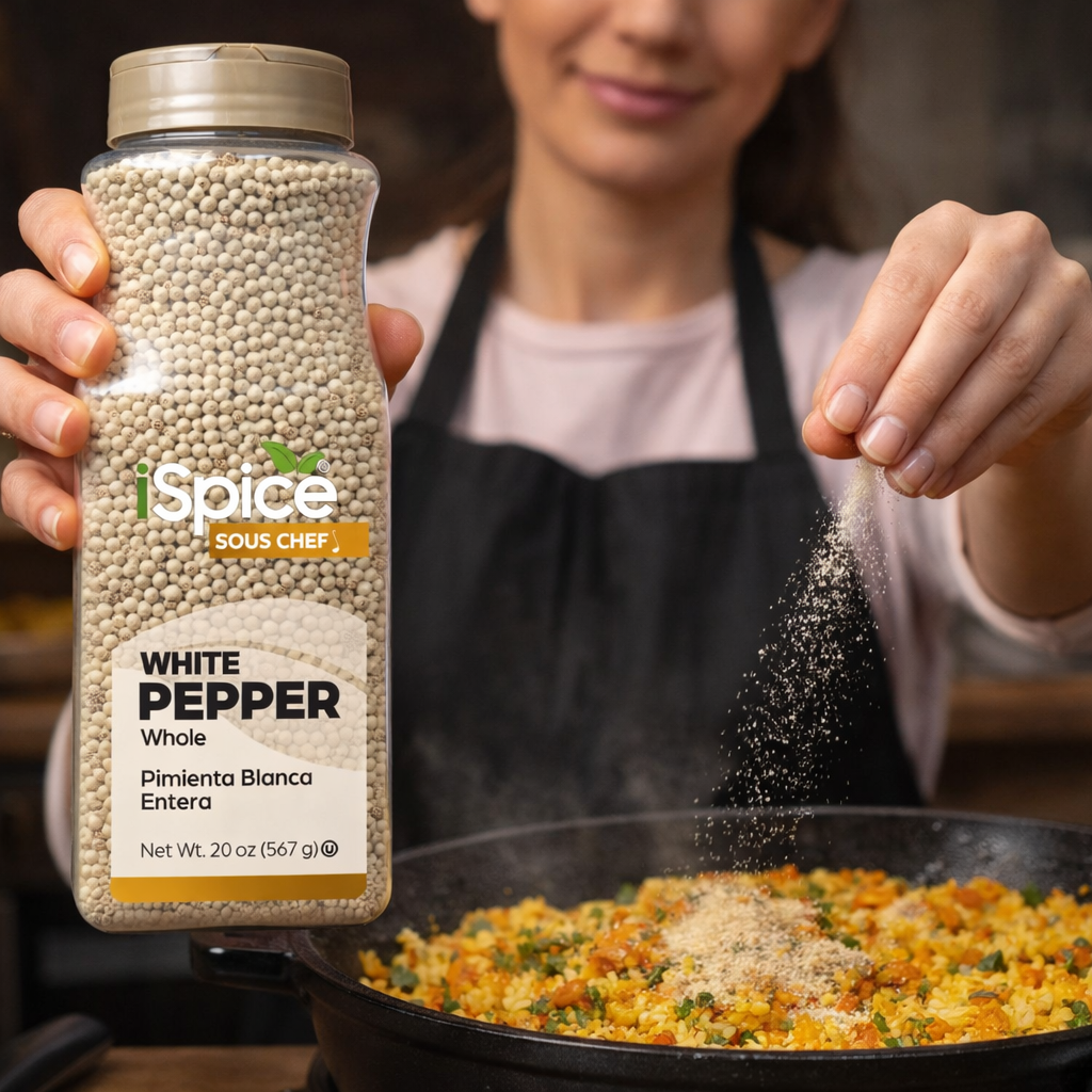Person sprinkling white pepper into a pan of food with an 'iSpice' container.