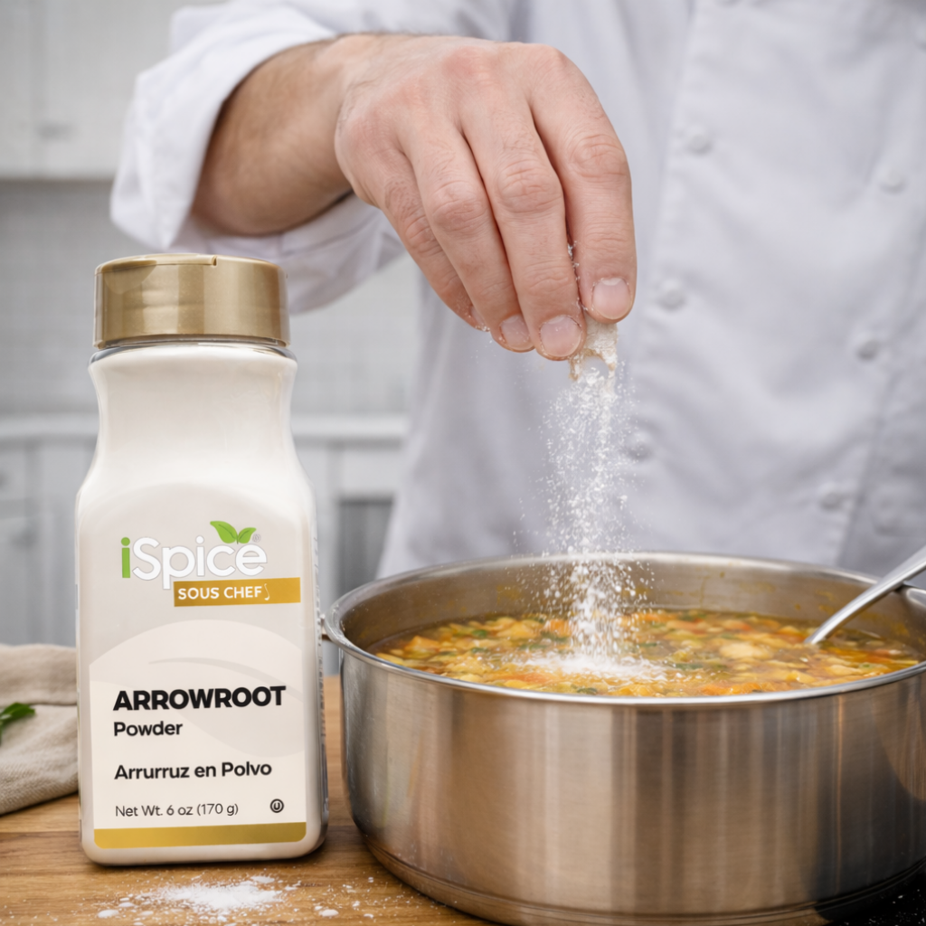 Person adding iSpice Arrowroot Powder to a pot of soup