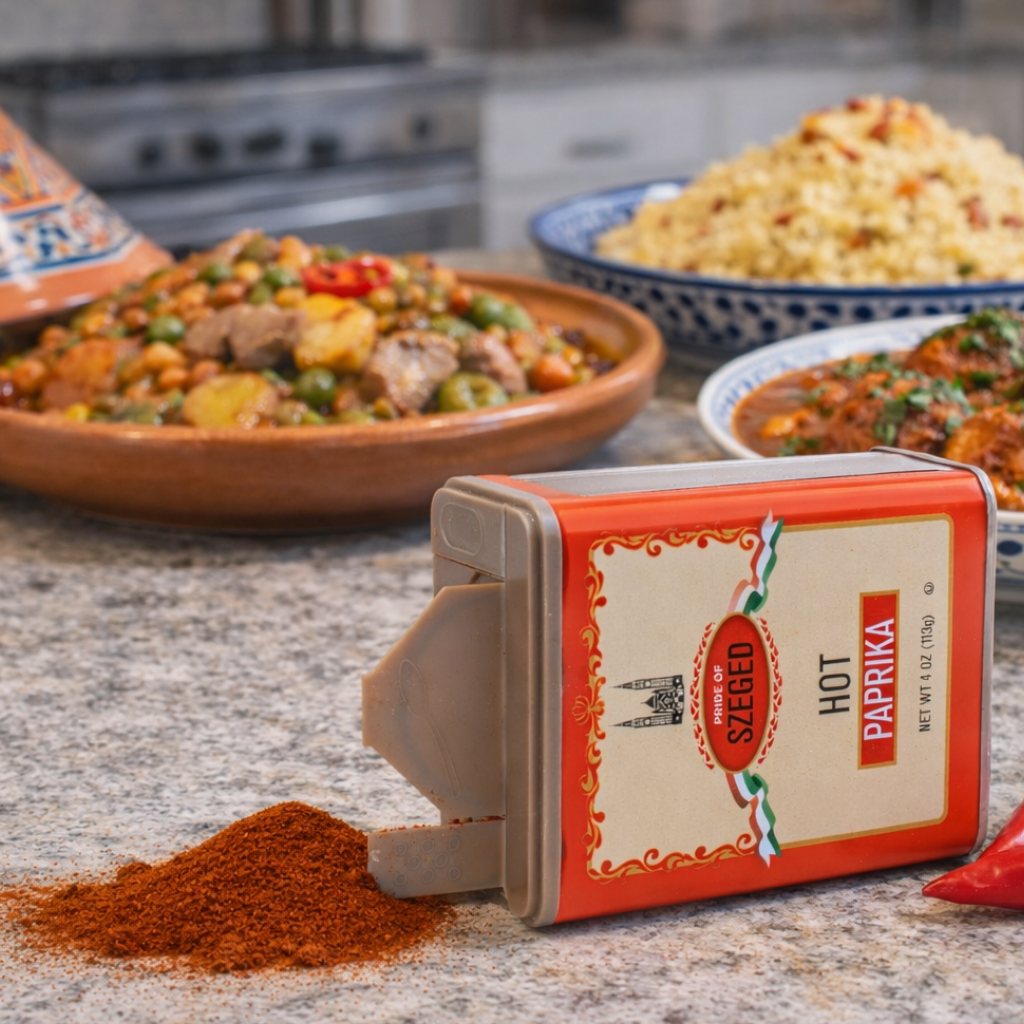 Sieved hot paprika container on a kitchen counter with food in the background