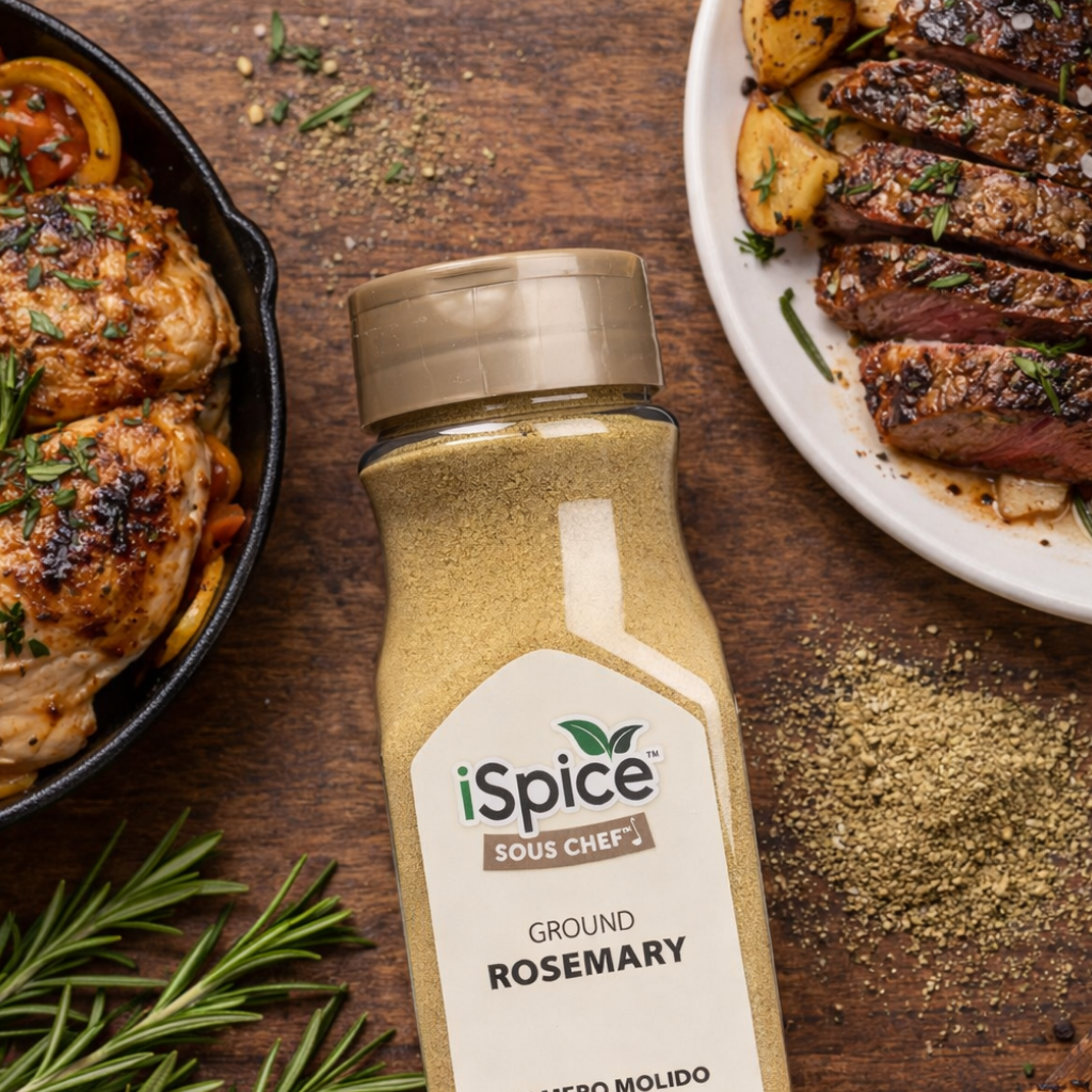 iSpice Sous Chef ground rosemary bottle on a wooden surface with cooked meats and herbs.