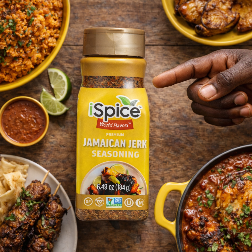 iSpice Jamaican Jerk Seasoning bottle on a wooden table with food around it