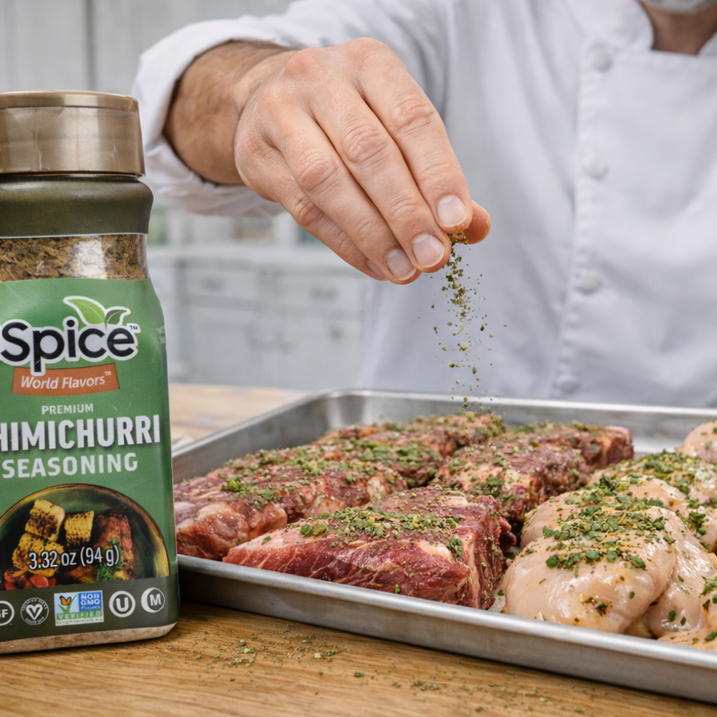 Person seasoning meat with a jar of Spice World Flavors Imichurri seasoning.