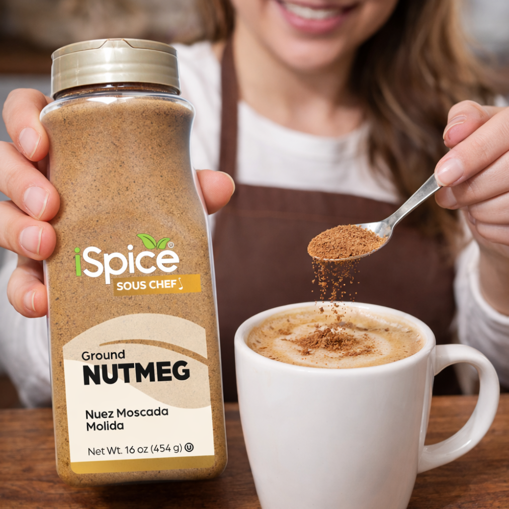Person adding iSpice ground nutmeg to a cup of coffee