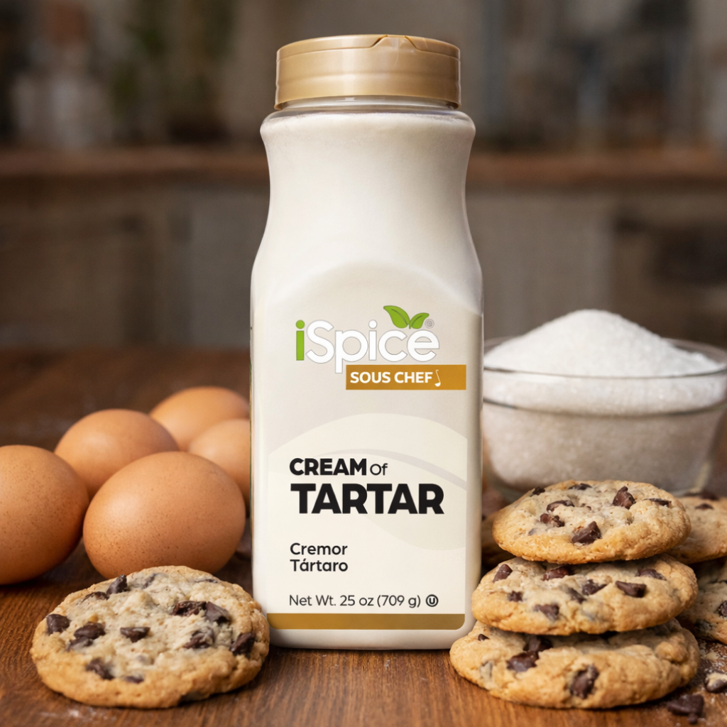 iSpice Sous Chef Cream of Tartar bottle with cookies and eggs on a wooden surface