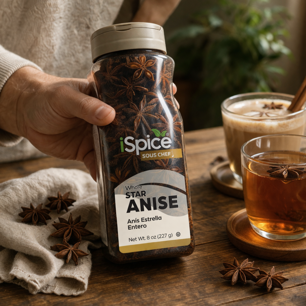 Hand holding a bottle of iSpice star anise on a wooden table with cups of tea.