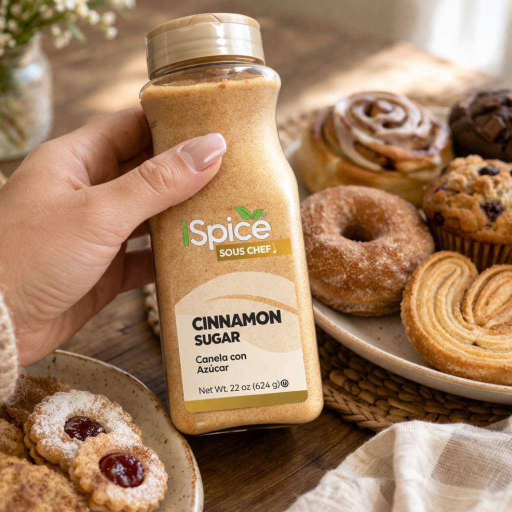 Hand holding a bottle of 'Spice' cinnamon sugar in front of baked goods on a wooden table.