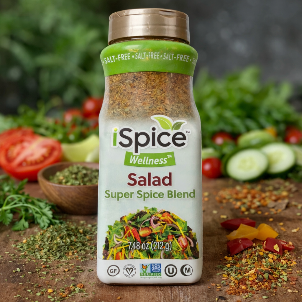 iSpice Wellness Salad Super Spice Blend bottle with salad ingredients in the background
