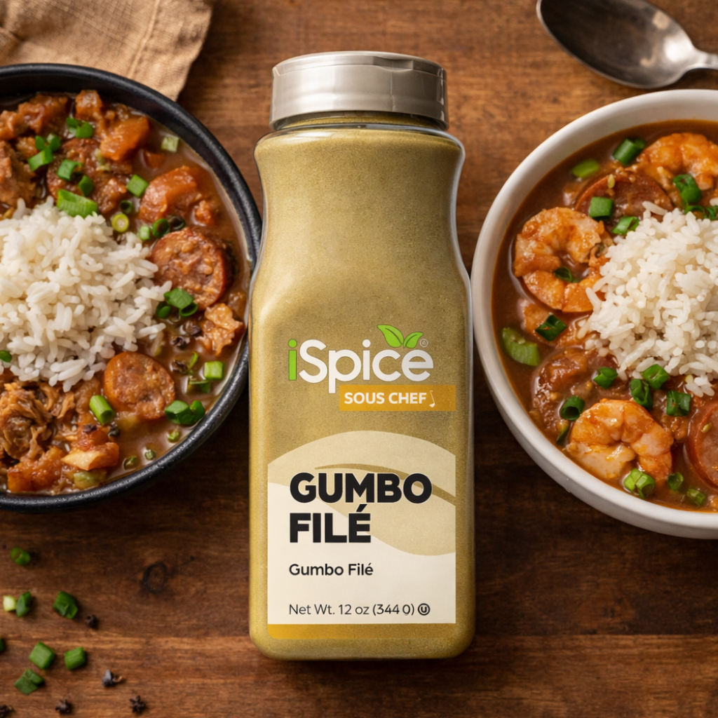 iSpice Sous Chef Gumbo Filé bottle with bowls of gumbo and rice on a wooden surface