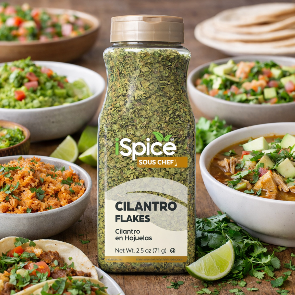 Spice Sous Chef cilantro flakes jar with bowls of food in the background