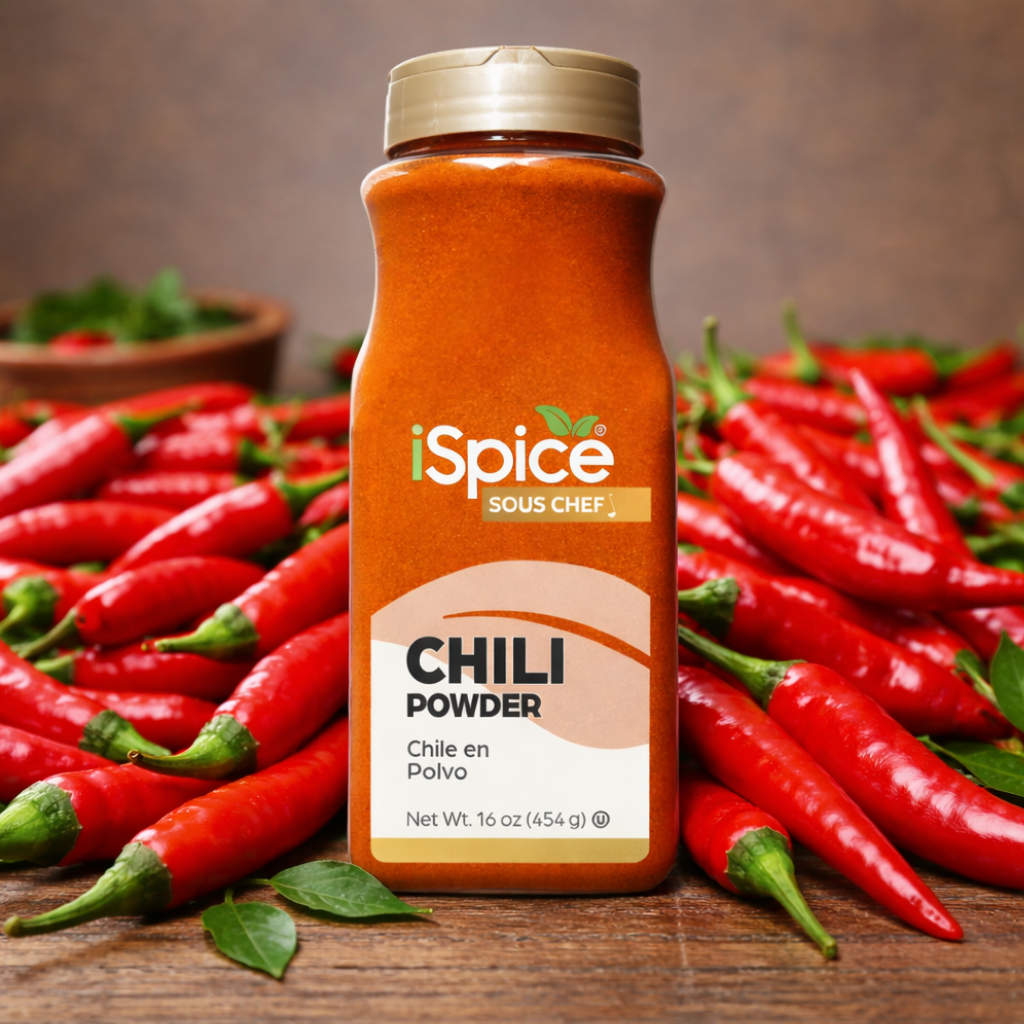 Top view of iSpice chili powder surrounded by chili flakes, garlic, lime, and seasoned chicken meal