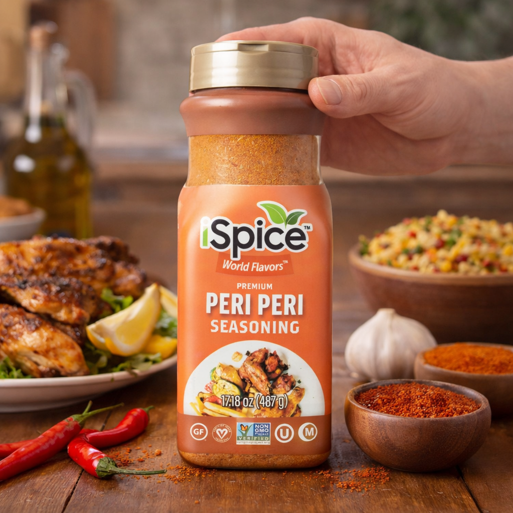 Hand holding a bottle of iSpice Peri Peri Seasoning with food in the background