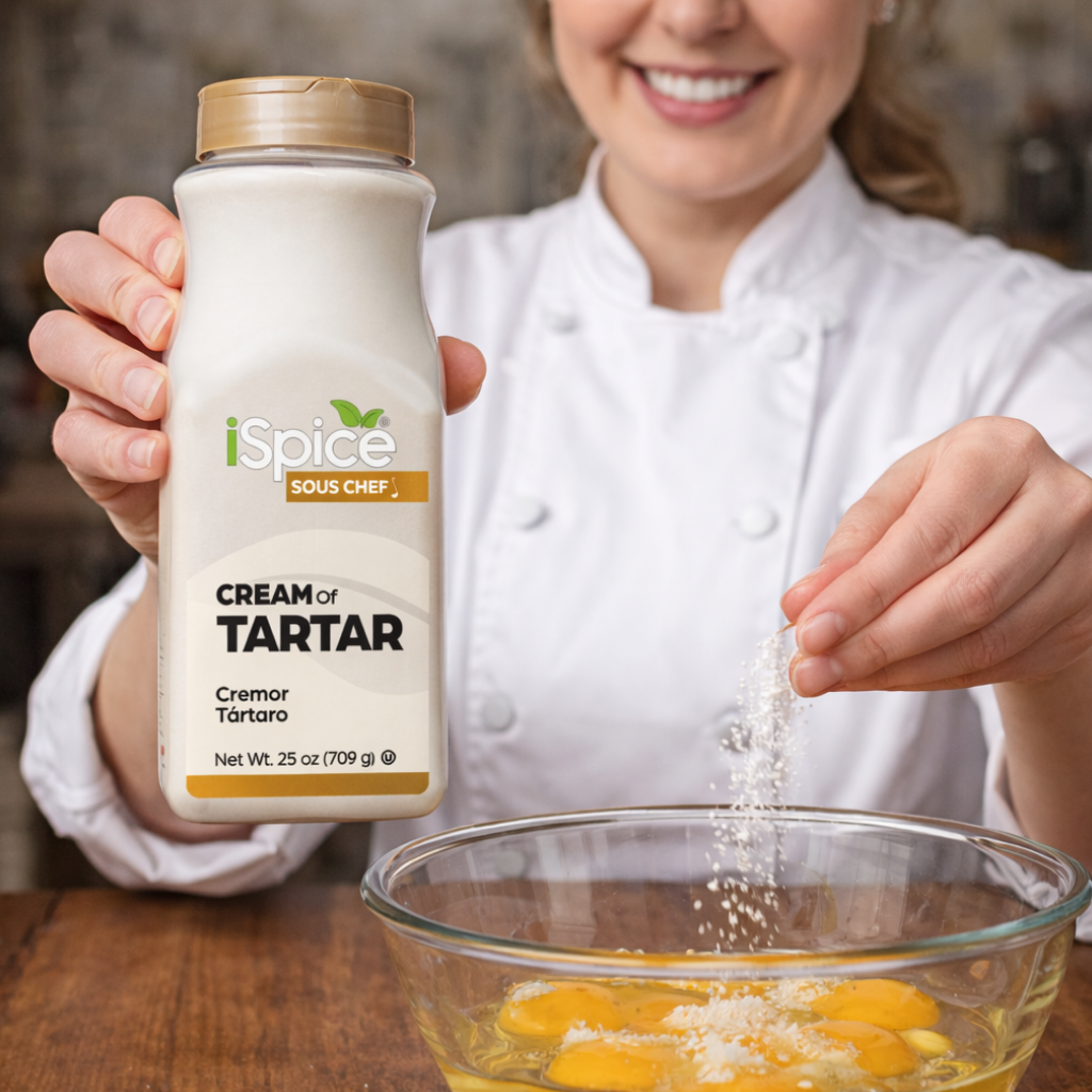 Person holding a bottle of 'iSpice Sous Chef Cream of Tartar' over a bowl with eggs.