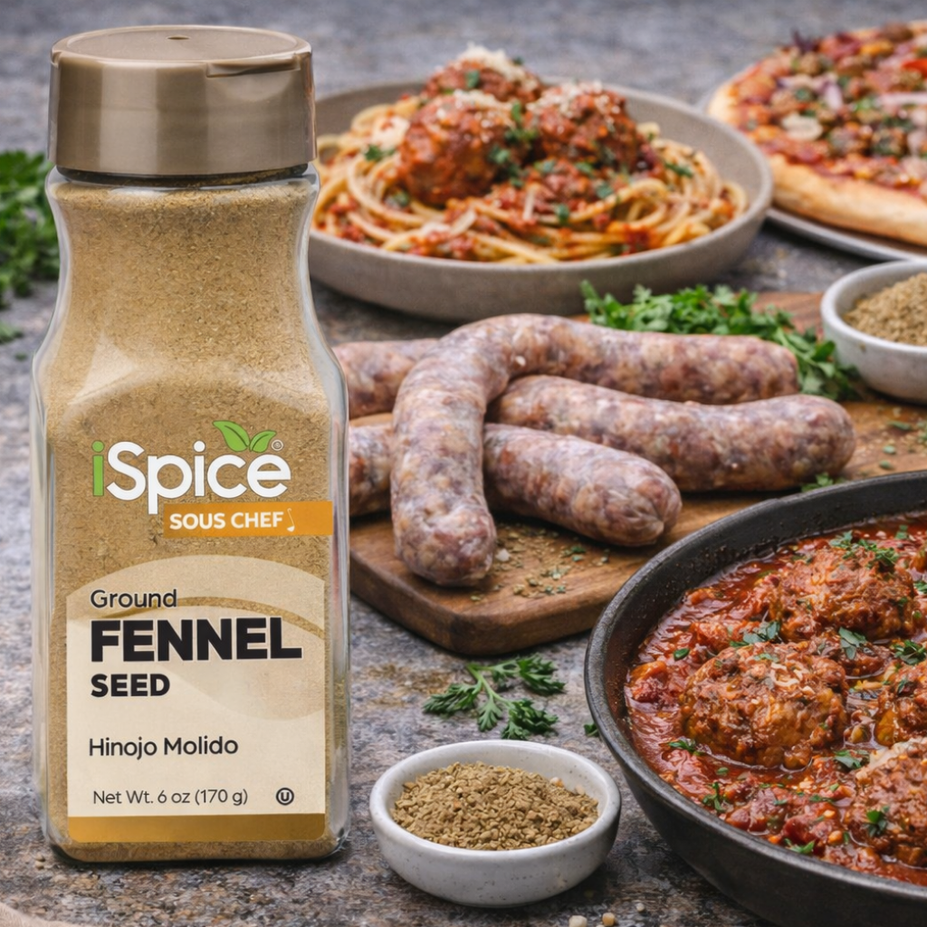 iSpice fennel seed bottle with food items in the background