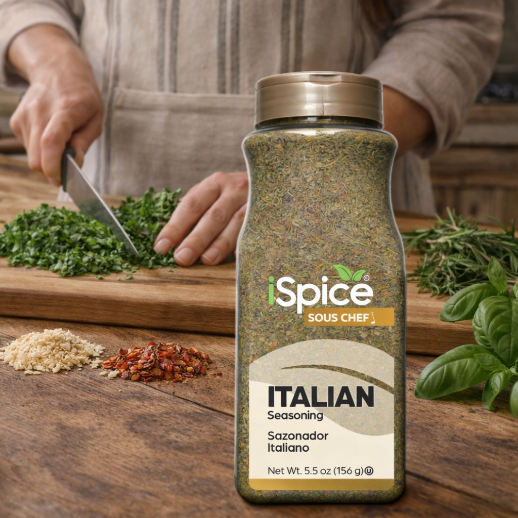 iSpice Sous Chef Italian seasoning bottle on a wooden surface with herbs and spices.