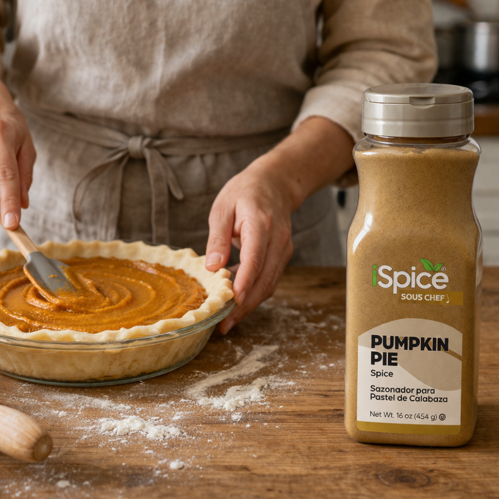 Person preparing a pumpkin pie with a bottle of Spice Sous Chef Pumpkin Pie spice on a wooden table.
