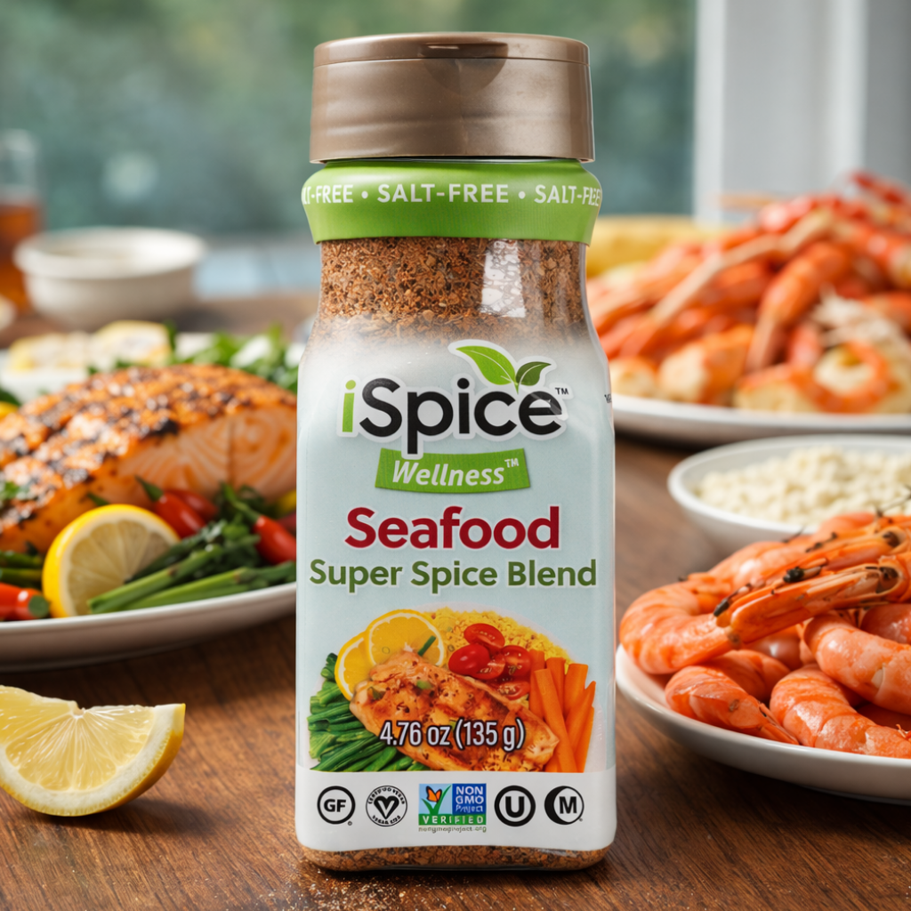 iSpice Wellness Seafood Super Spice Blend bottle with plates of food in the background