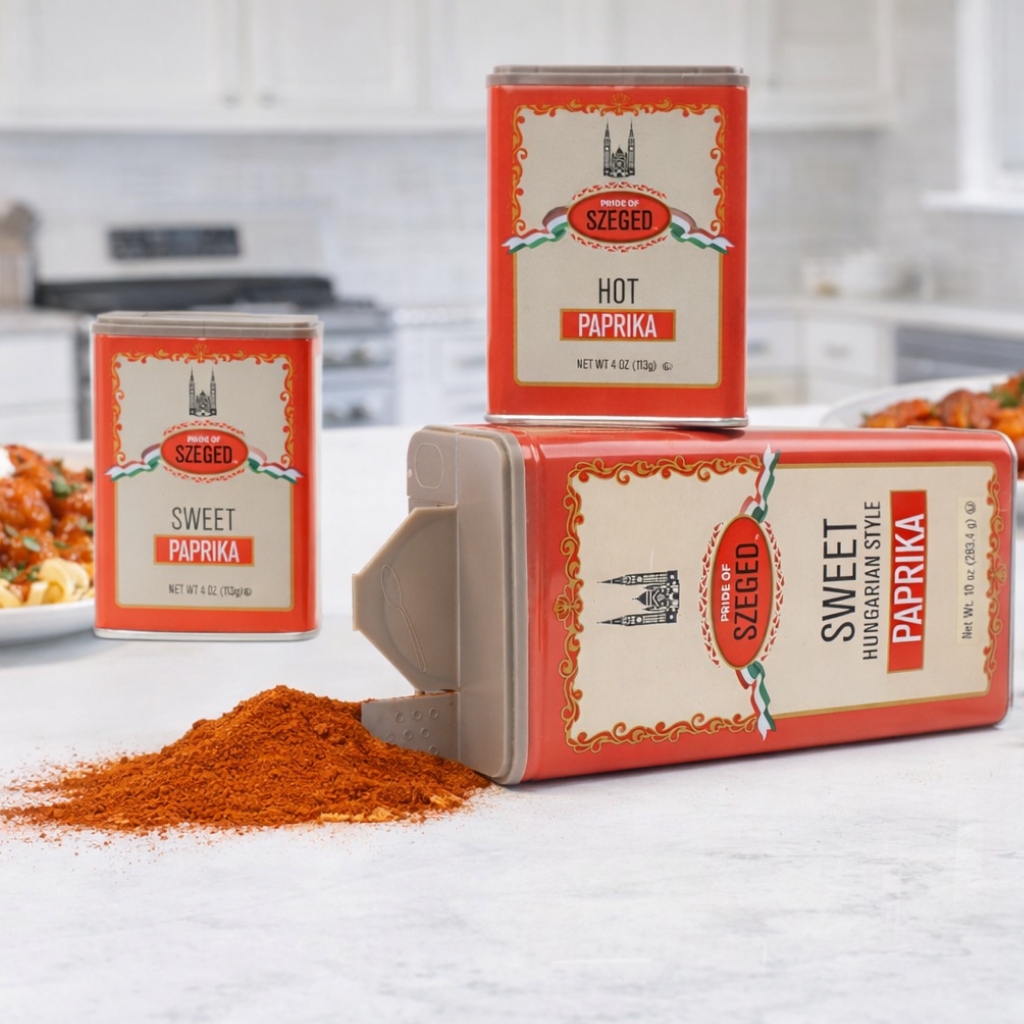 Three tins of Szeget paprika on a kitchen counter with paprika powder.