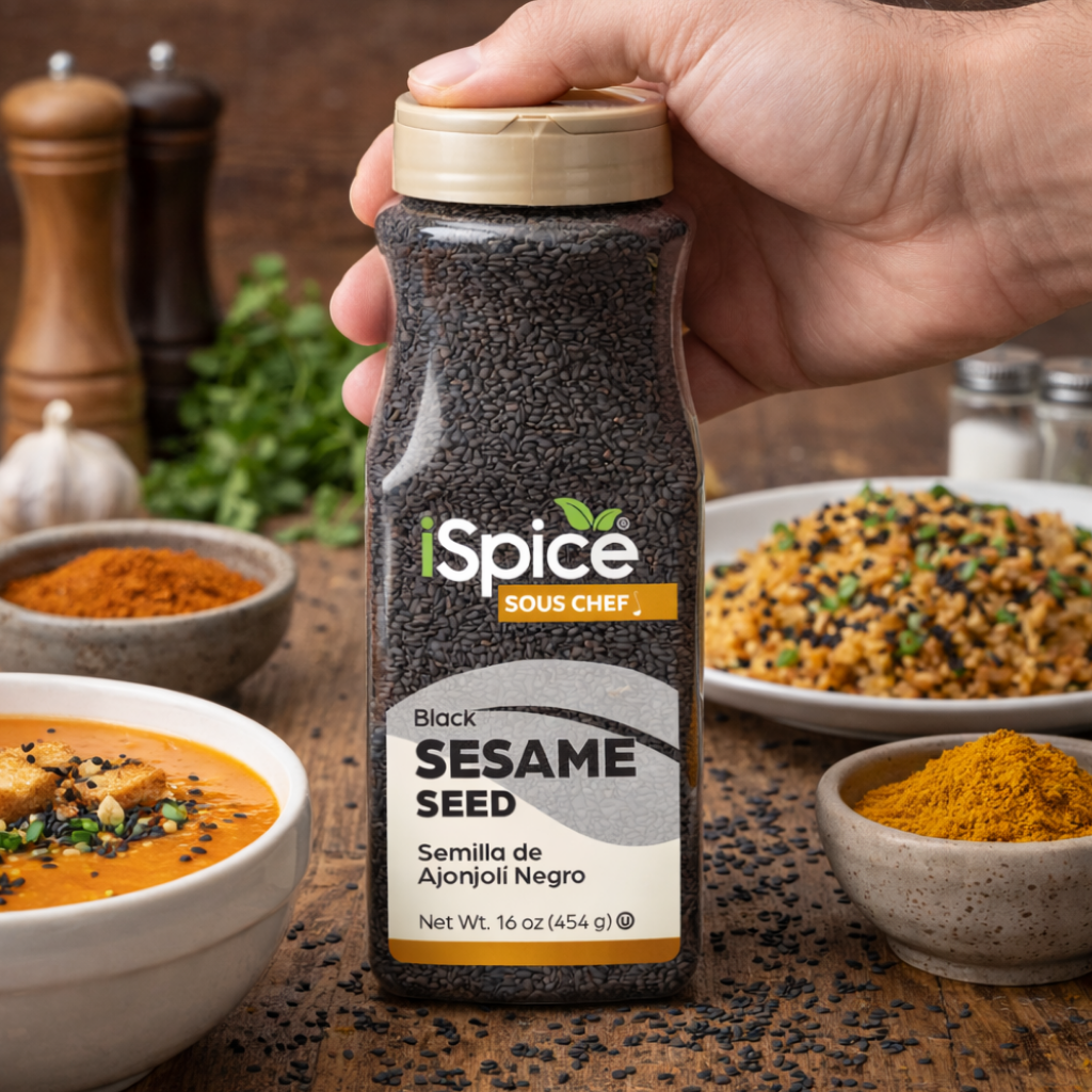 Hand holding a bottle of 'iSpice' black sesame seed with a background of food dishes.
