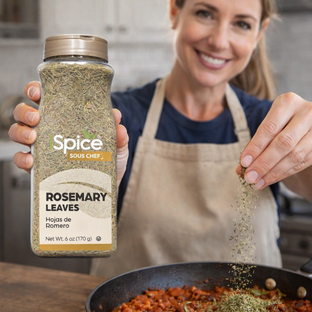 Woman in a kitchen holding a jar of 'Spice Sous Chef' rosemary leaves, sprinkling them into a pan.