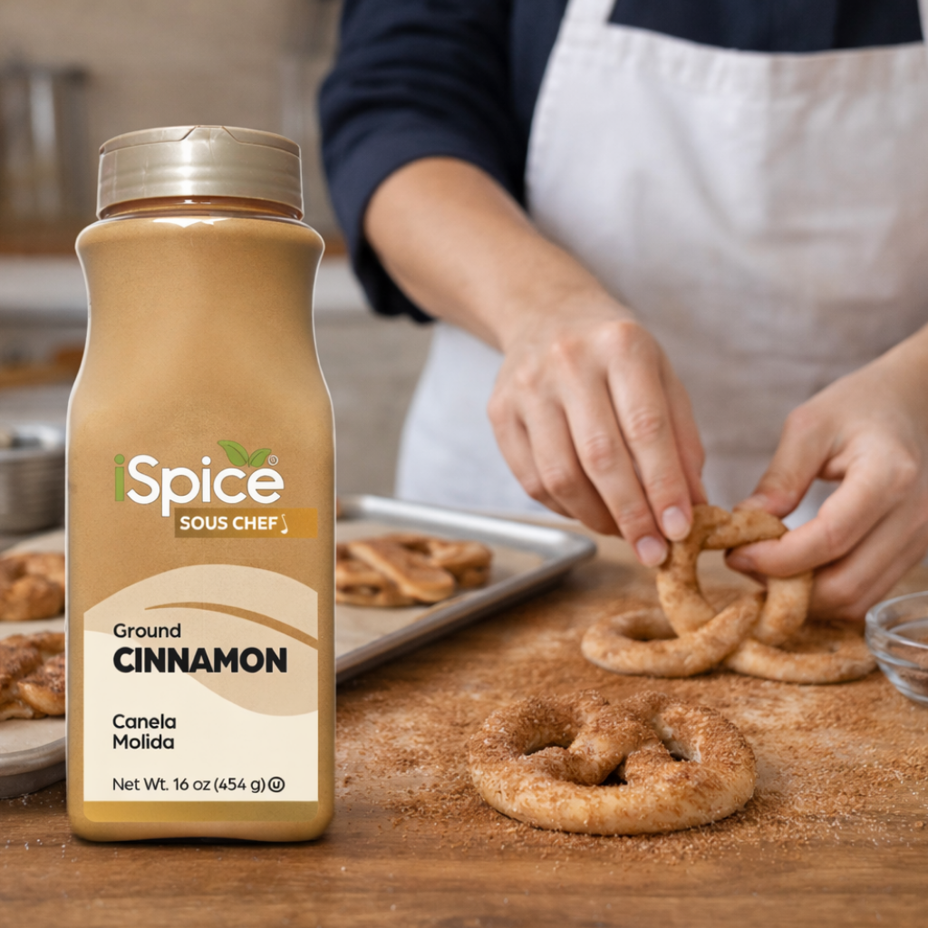 Sous Chef ground cinnamon bottle with person making cinnamon rolls in the background