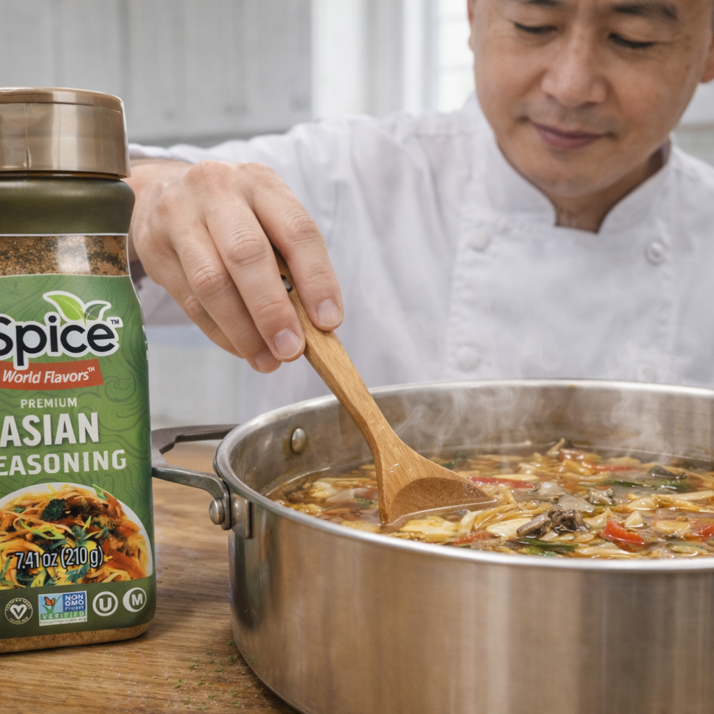 Person cooking with a pot of food and a jar of Spice World Flavors Asian seasoning.