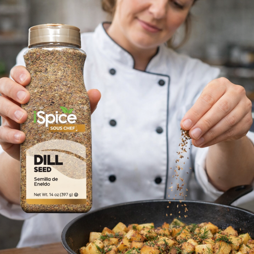 Person sprinkling dill seed from a 'Spice Sous Chef' container into a dish.
