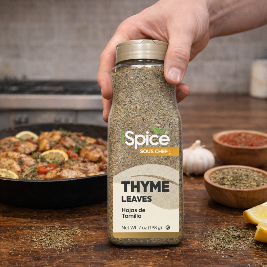 Hand holding a bottle of 'Spice Sous Chef' thyme leaves with a kitchen background