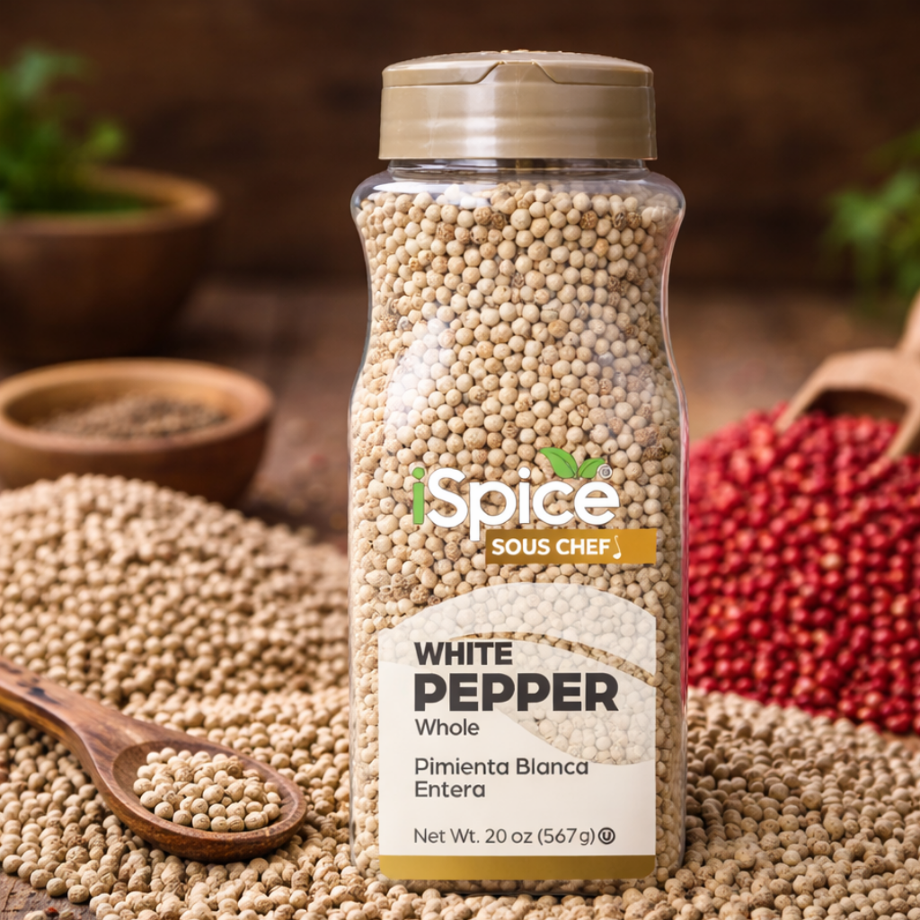 iSpice Sous Chef white pepper jar with ingredients in the background