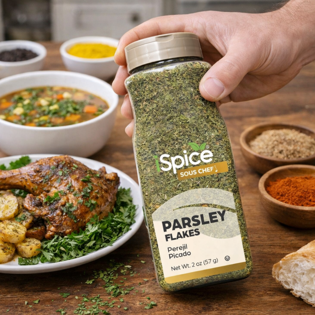Hand holding a jar of Spice Sou Chef Parsley Flakes with a meal in the background